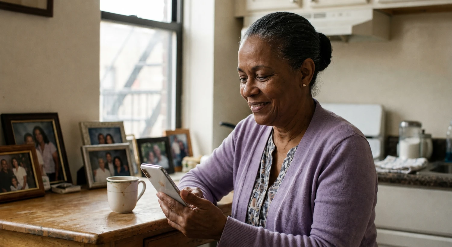 Older woman checking her phone in her kitchen at home, surrounded by family portraits