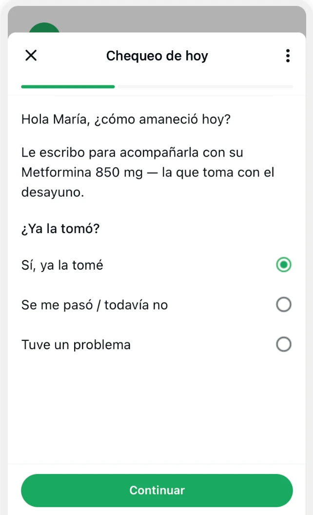 Screen 1 of the WhatsApp adherence check-in