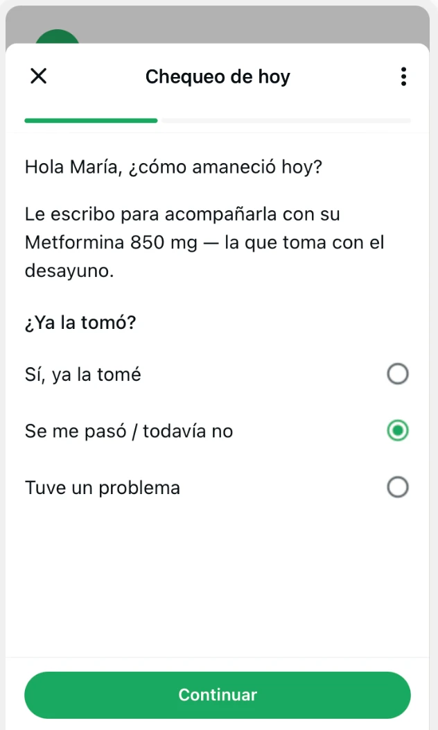 Screen 1 of the WhatsApp adherence check-in